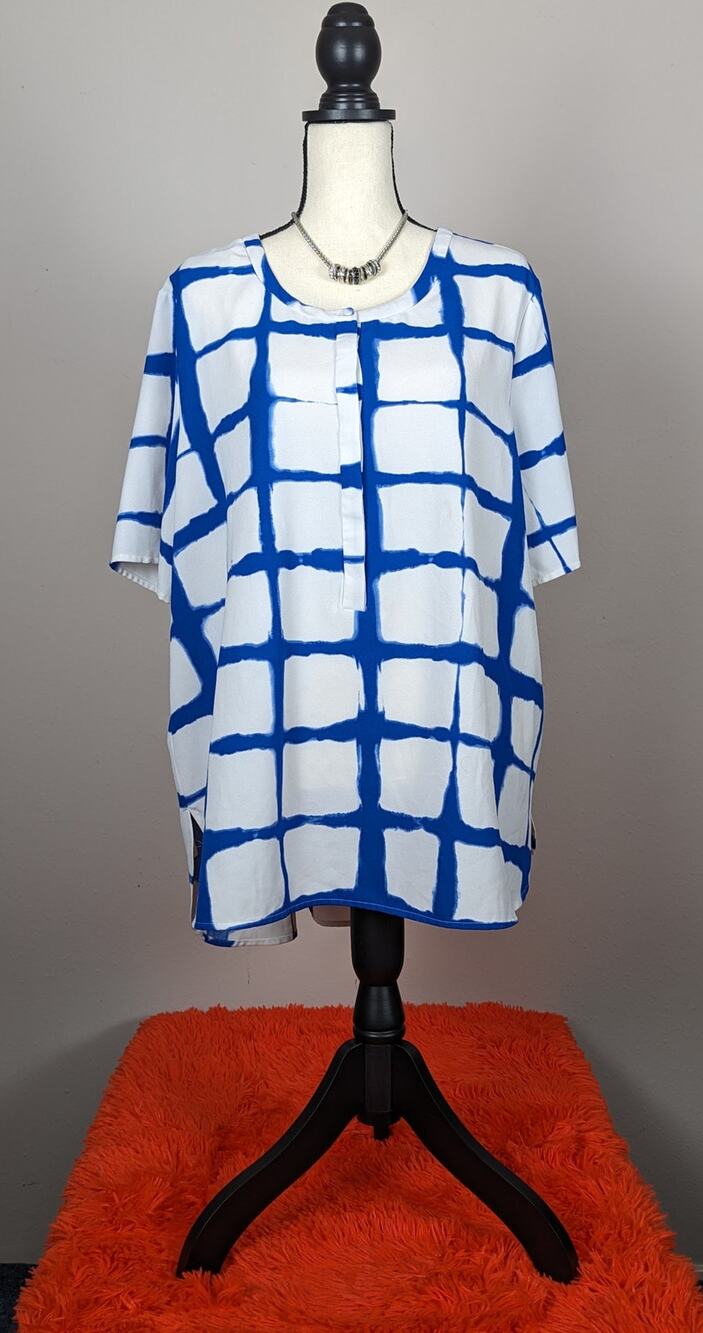 Adam Lippes Target White Blue Painterly Plaid Button Down Crepe Blouse Top XXL